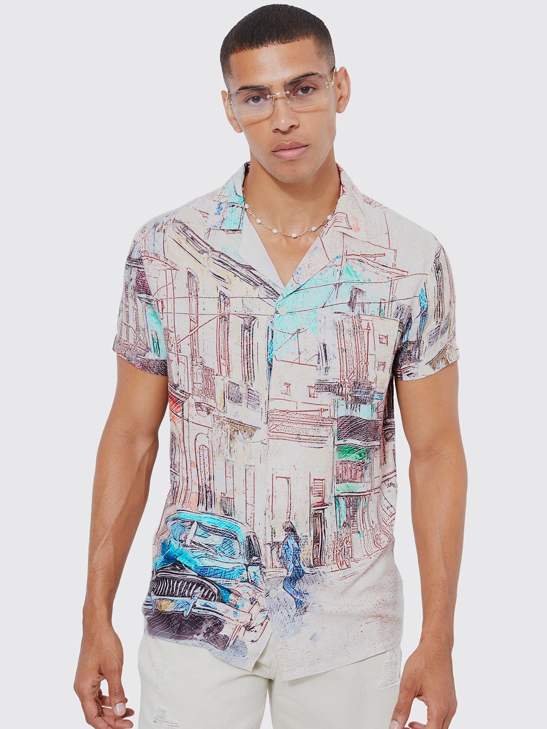 

boohooMAN Graphic Printed Slub Casual Shirt, Brown