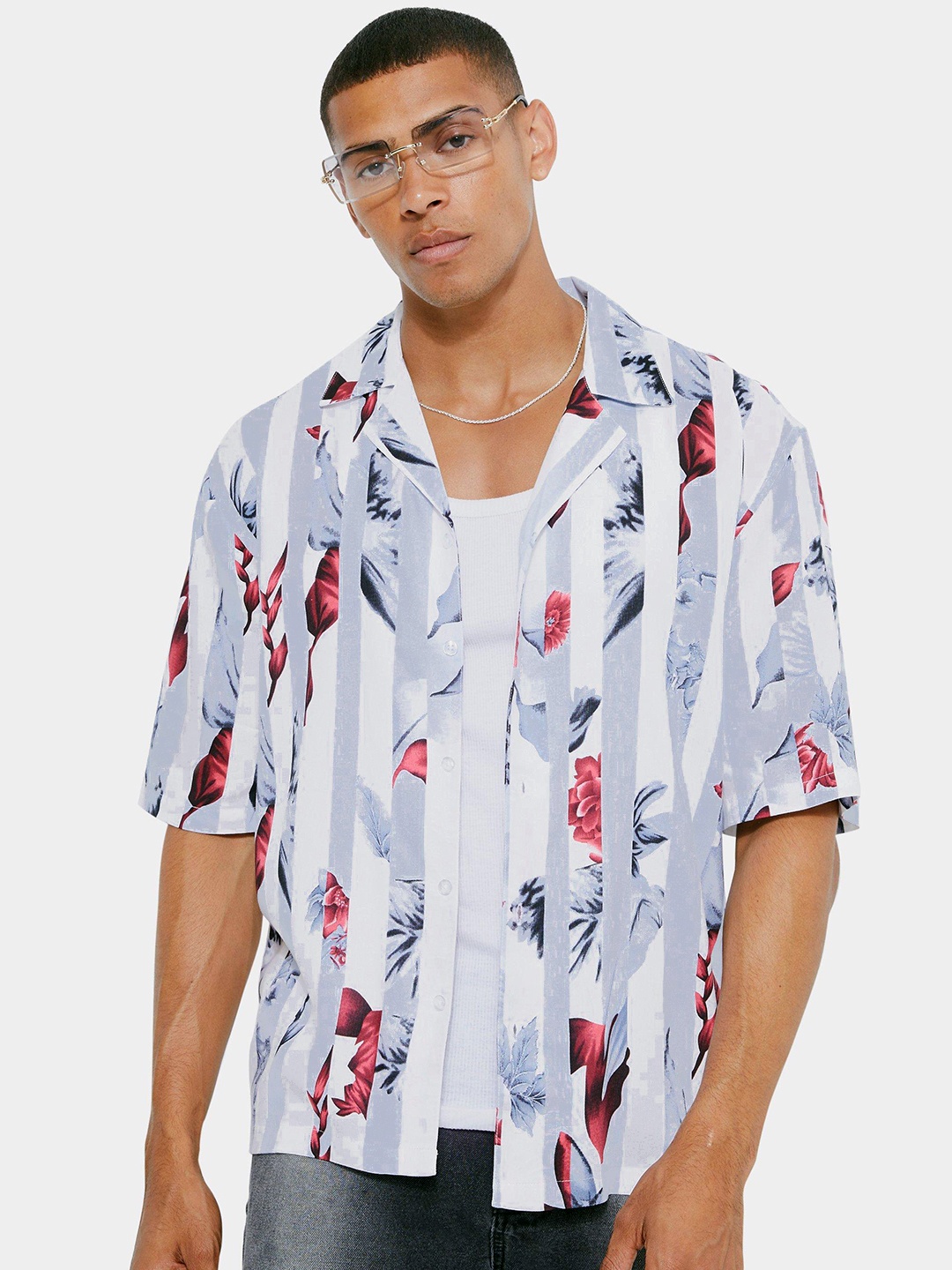 

boohooMAN Floral Printed Casual Shirt, Blue