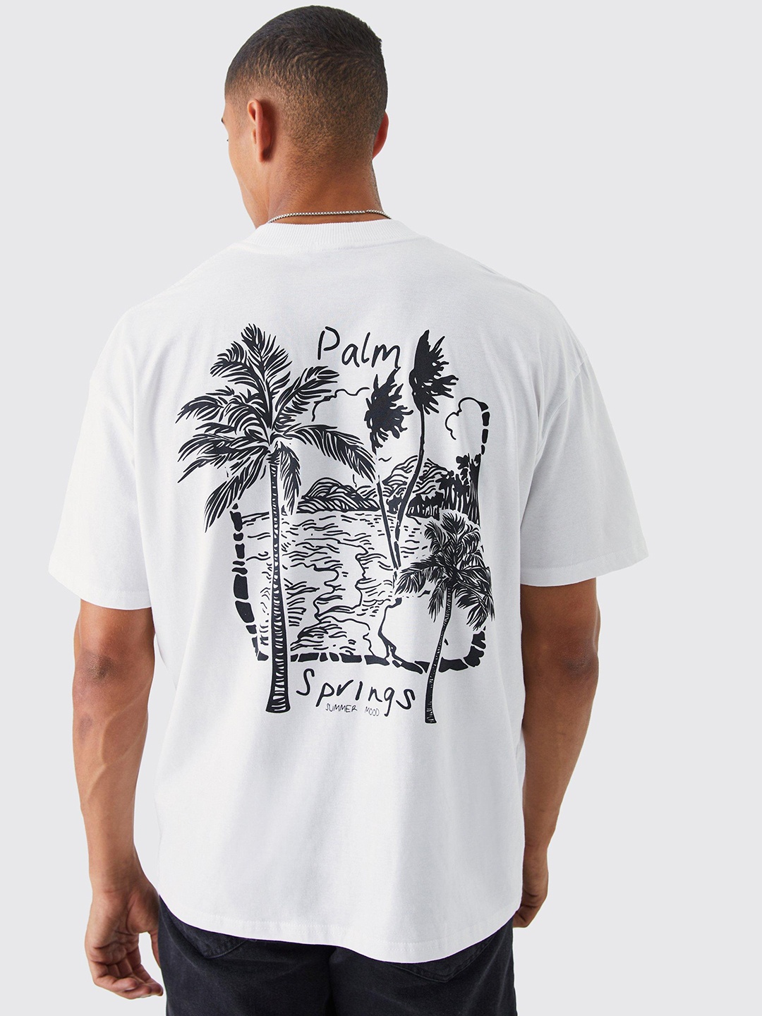 

boohooMAN Palm Springs Printed Drop-Shoulder Sleeves Pure Cotton Oversized T-shirt, White