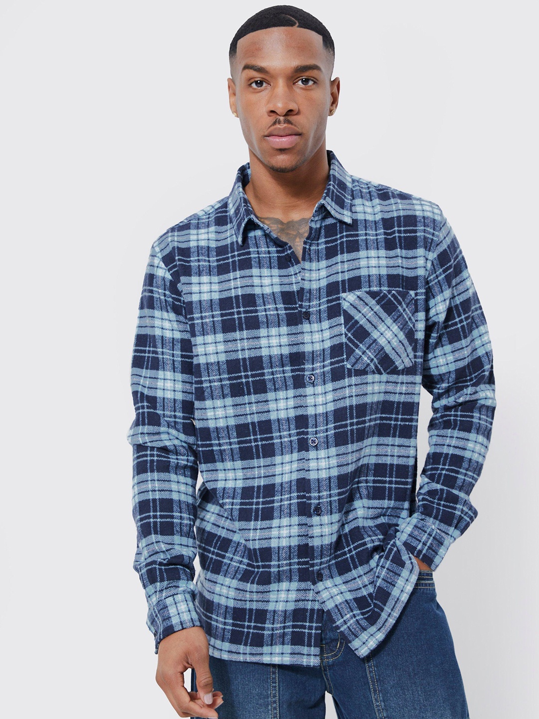 

boohooMAN Tattersall Checked Flannel Casual Shirt, Blue