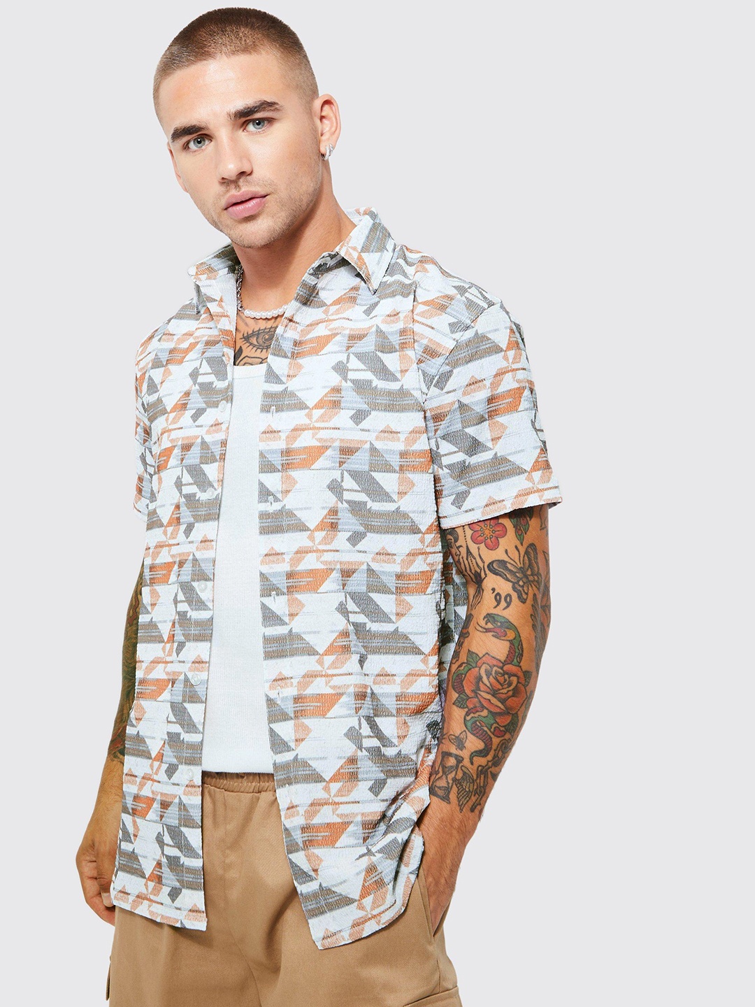 

boohooMAN Textured Aztec Printed Casual Shirt, White