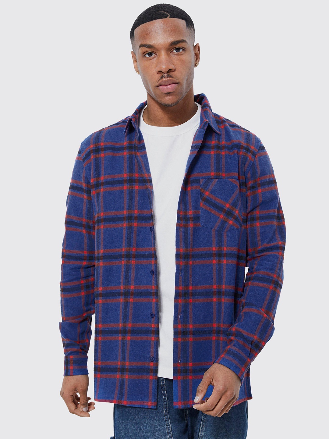 

boohooMAN Checked Casual Shirt, Navy blue