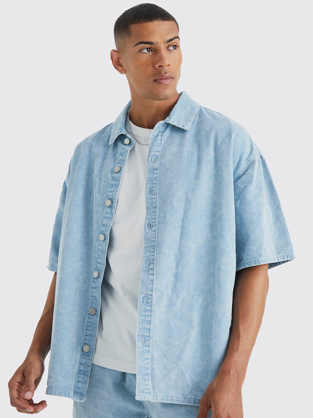 

boohooMAN Boxy Acid Wash Shacket, Blue