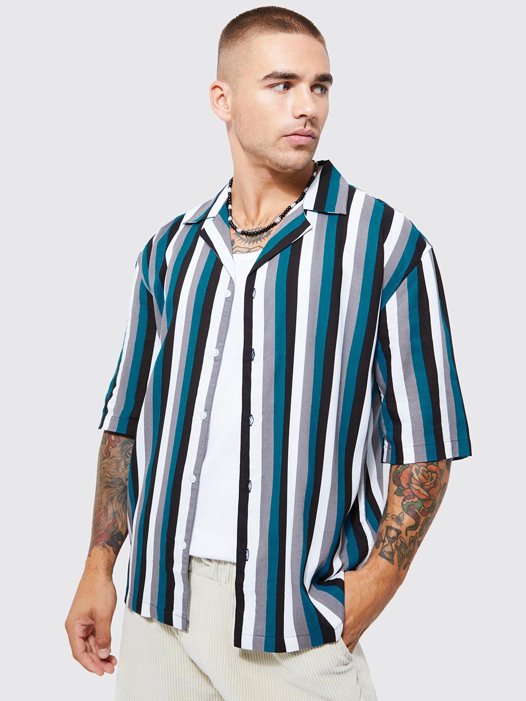 

boohooMAN Striped Casual Shirt, Teal