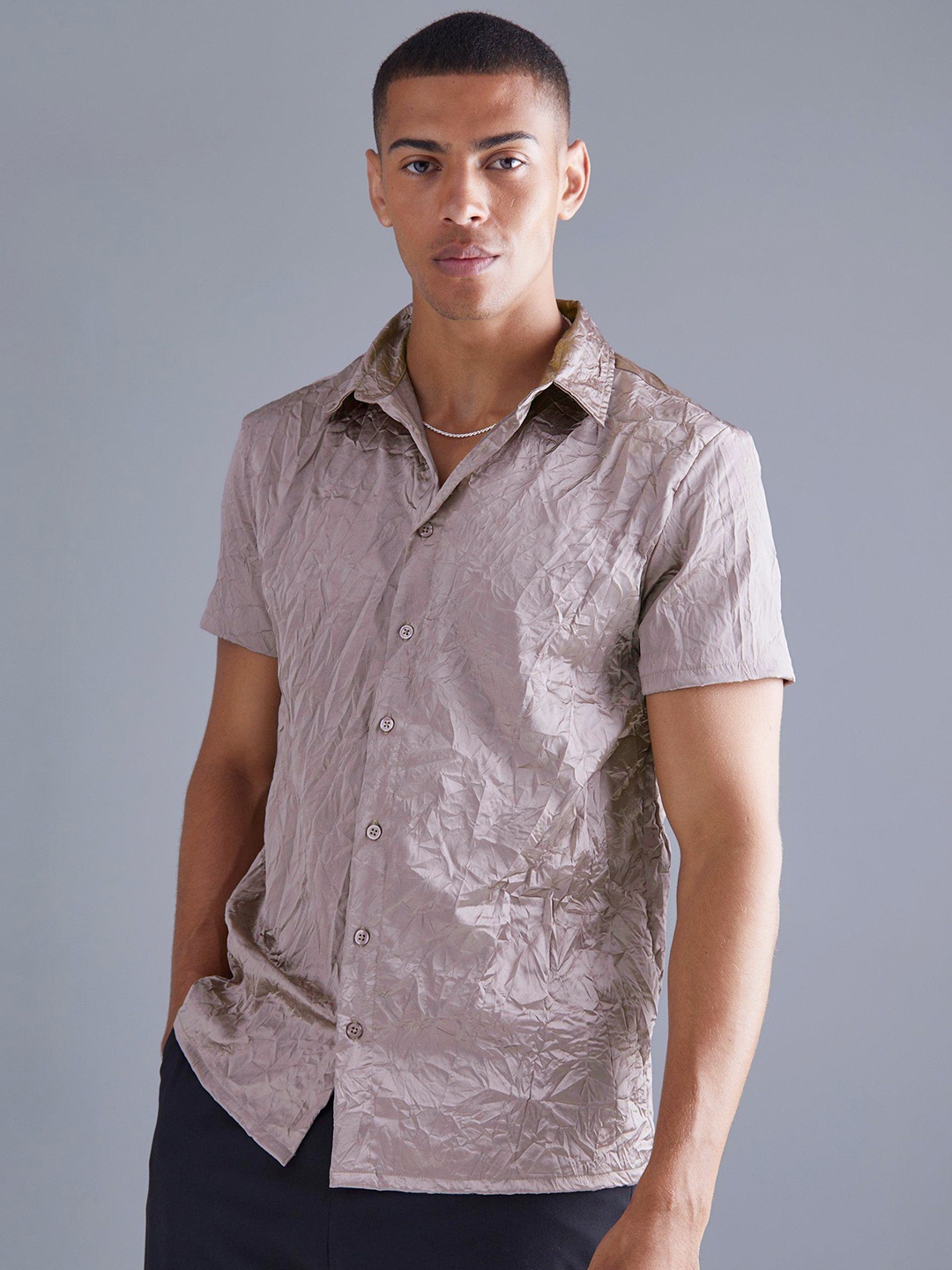

boohooMAN Crinkle Satin Sheen Shirt, Taupe