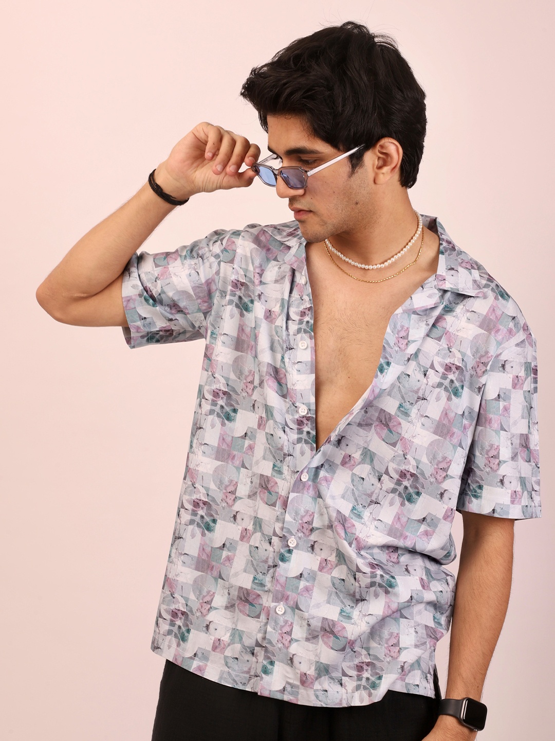 

DEZANO Modern Floral Opaque Printed Oversized Casual Shirt, White