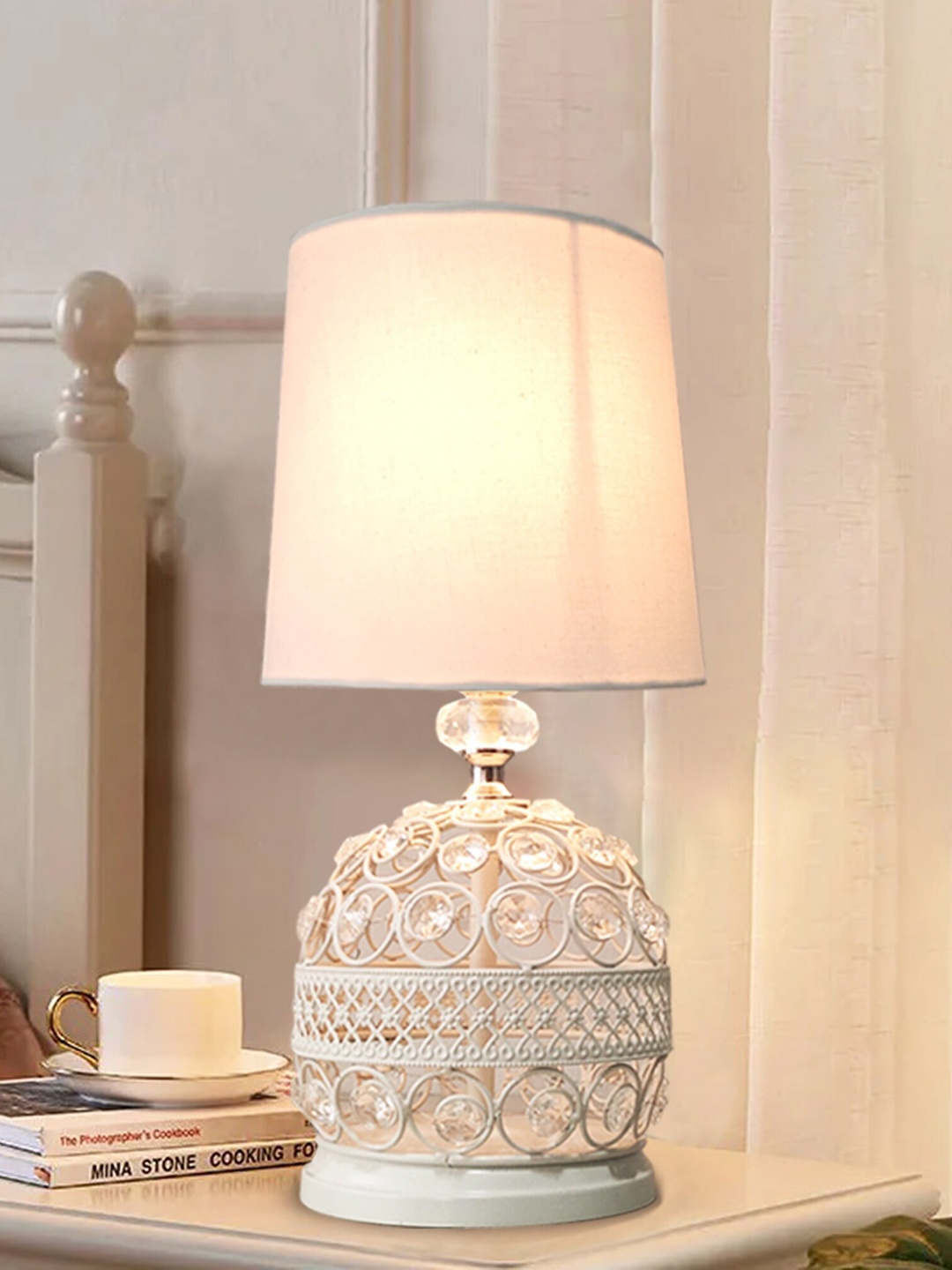 

Homesake White Crystal Studded Textured Frustum Shape Shade Table Lamp