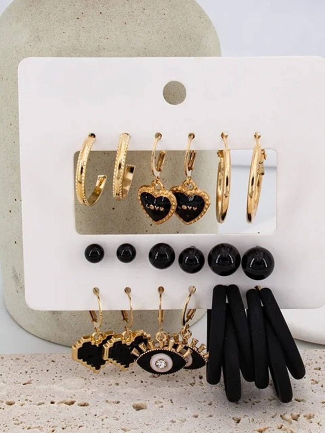 

VIEN Set Of 9 Gold Plated Stainless Steel Hoop & Studs Earrings