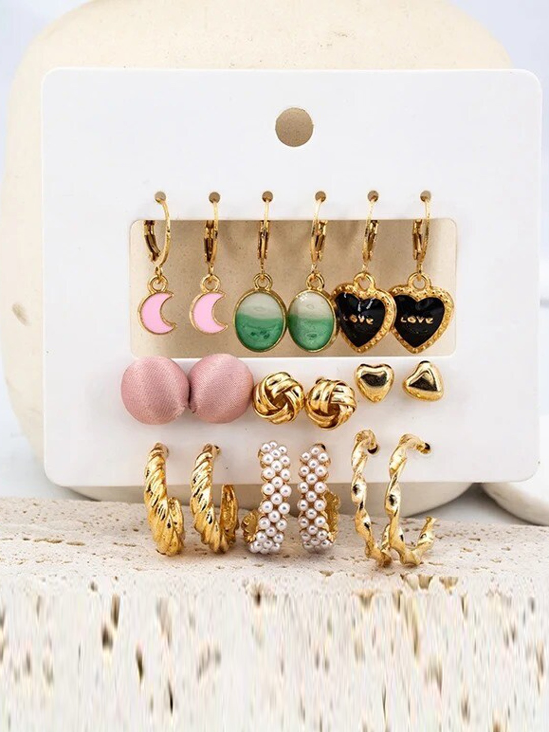

VIEN Set Of 9 Gold Plated Stainless Steel Hoop & Studs Earrings