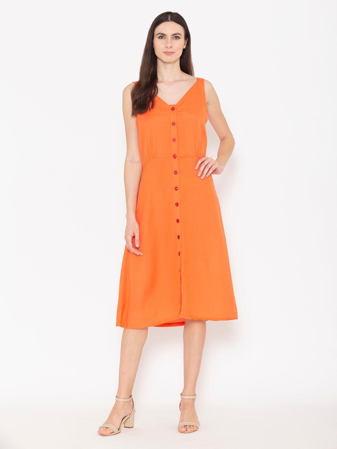 

ENTELLUS V-Neck A-Line Midi Dress, Orange