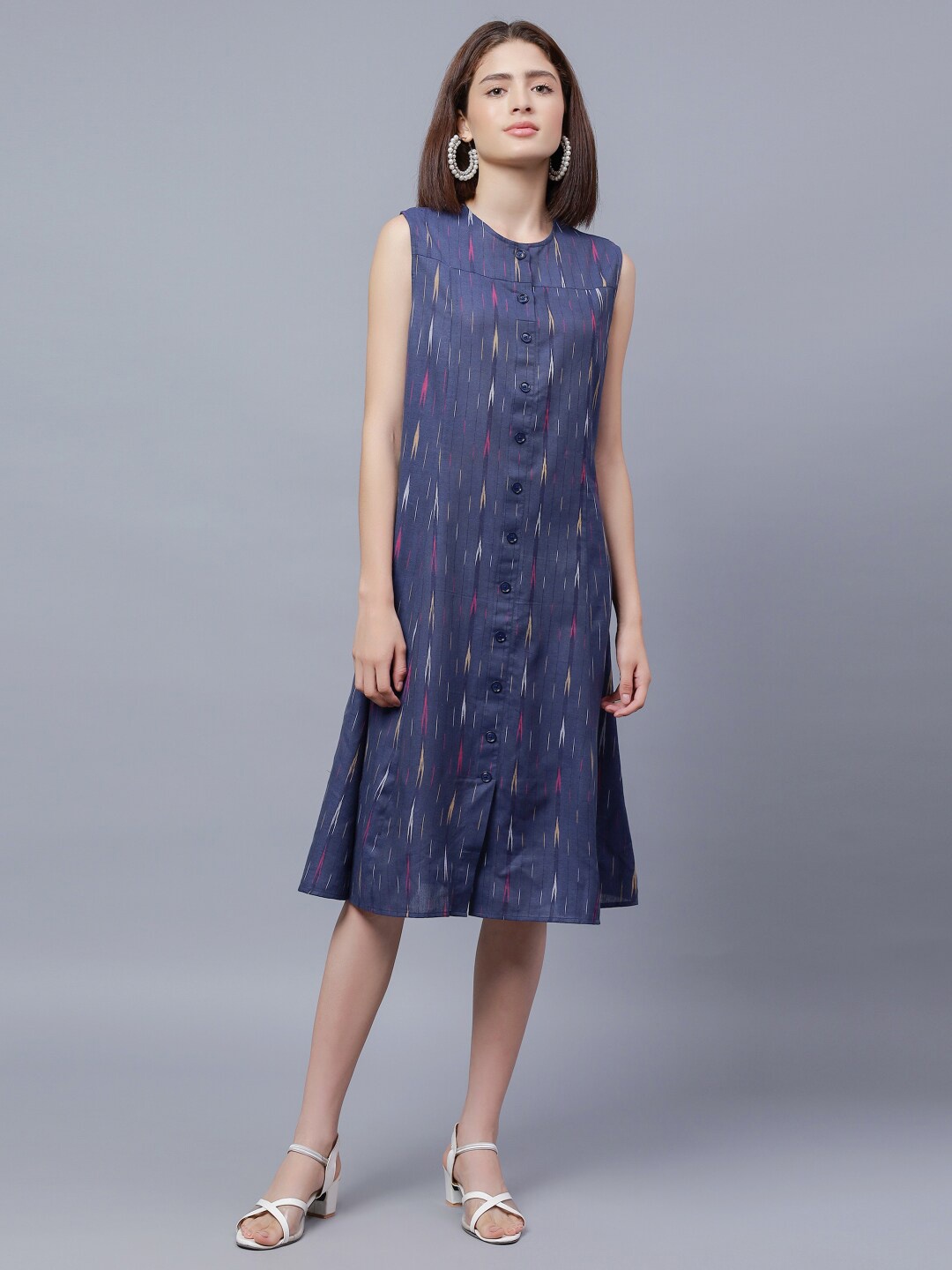 

ENTELLUS Ethnic Motifs Printed Sleeveless Cotton A-Line Dress, Blue