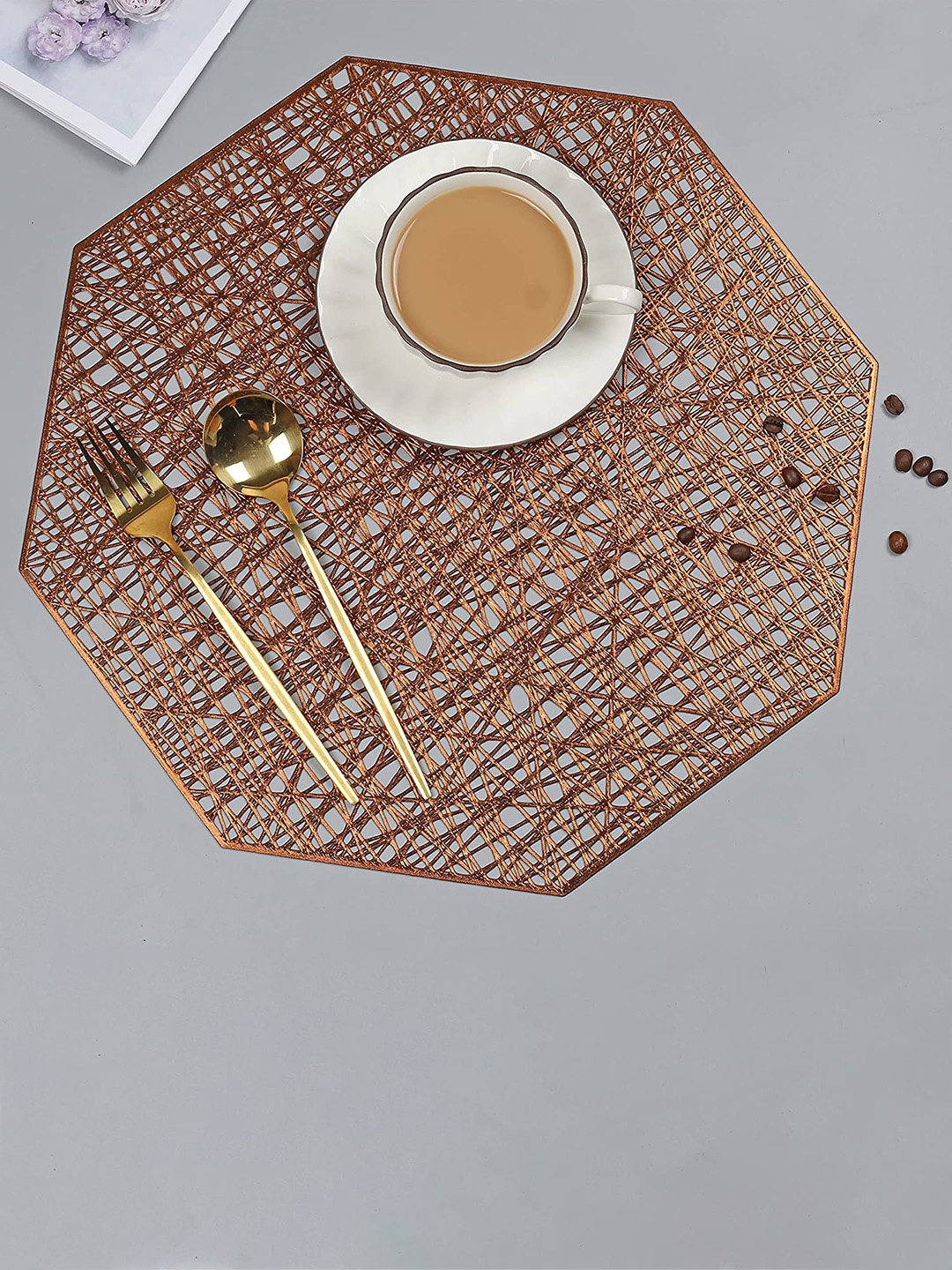 

Dakshya Industries Beige 2-Pieces Geomatric Hexagon Table Placemats, Copper
