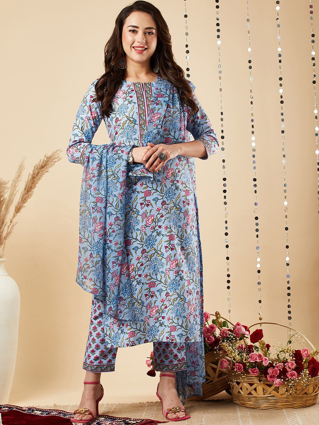 

KALINI Floral Printed Round Neck Straight Regular Kurta With Trousers & Dupatta, Blue