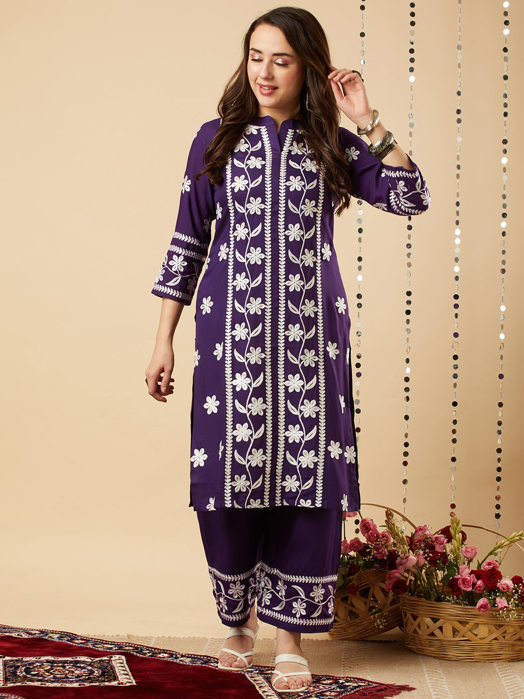 

KALINI Floral Embroidered Band Collar Kurta with Palazzos, Purple