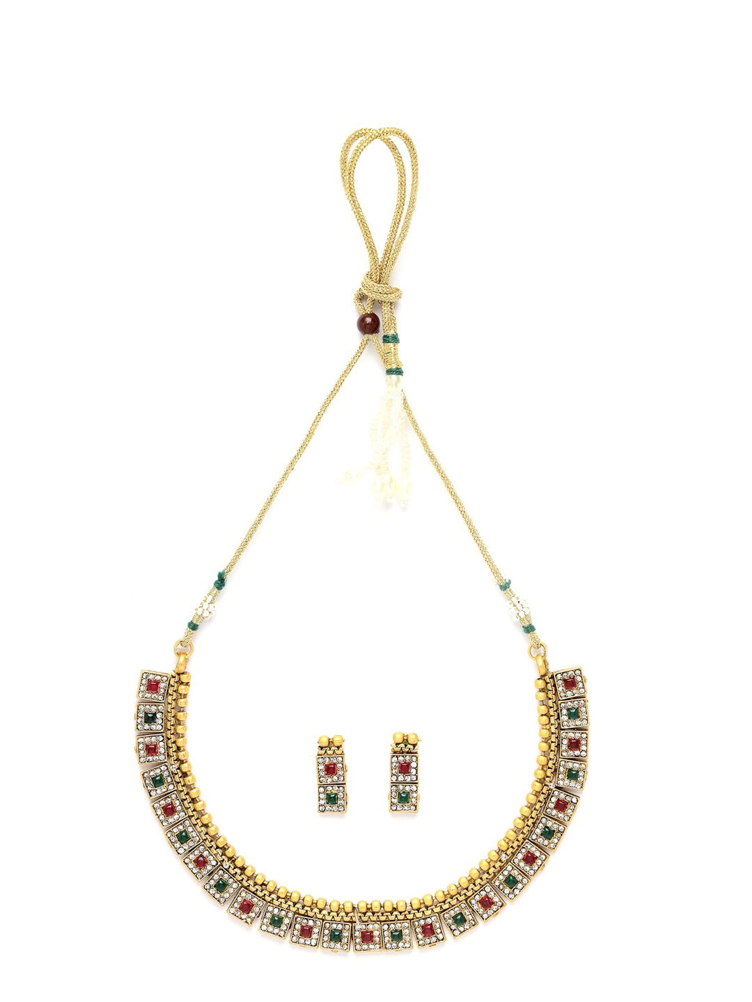 

ADIVA Gold-Plated Green and Red Studded Necklace and Earrings