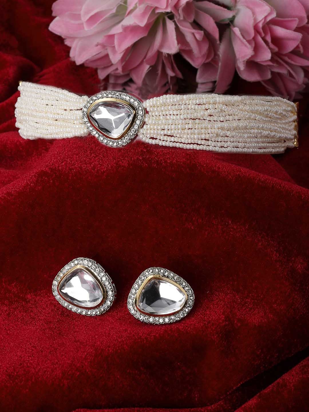 

ADIVA Gold-Plated Kundan Studded & Pearls Beaded Jewellery Set