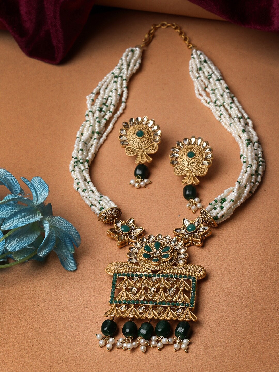 

ADIVA Gold-Plated Stones-Studded & Pearl-Beaded Necklace and Earrings
