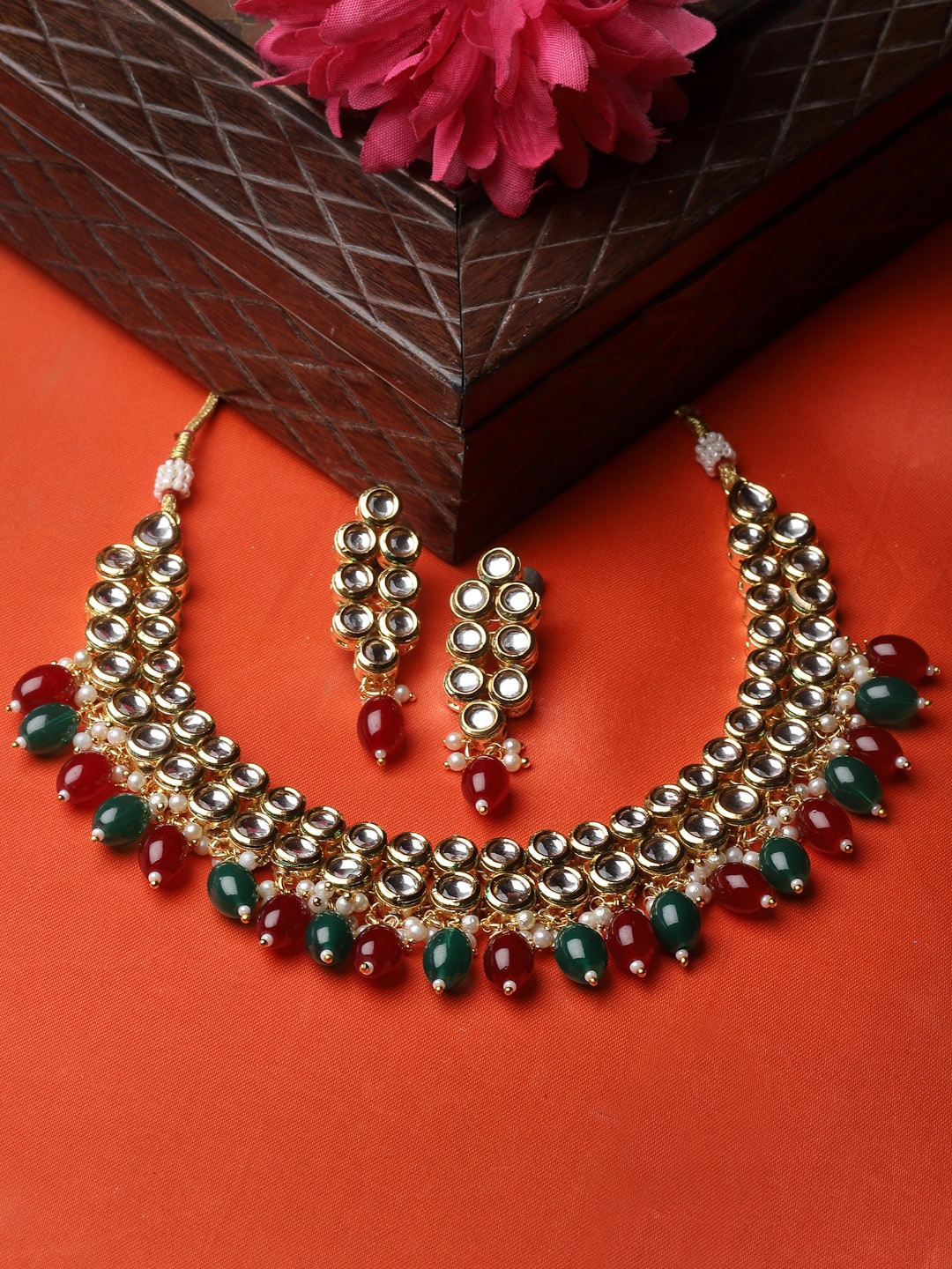 

ADIVA Gold-Plated Kundan Stone Studded & Beaded Jewellery Set