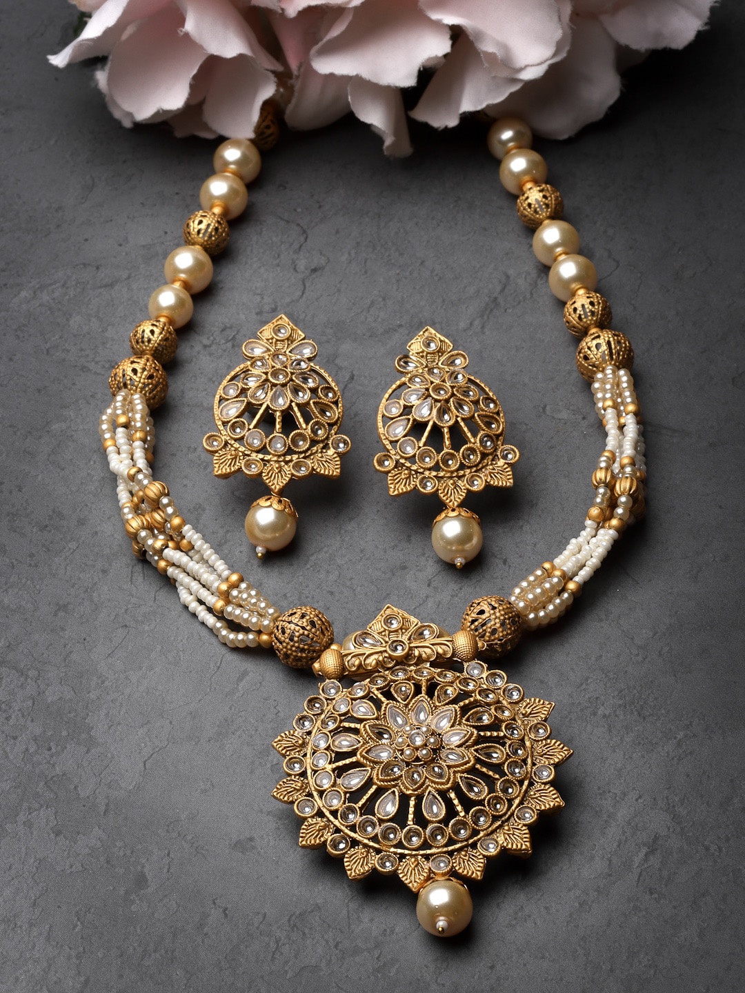 

ADIVA Gold-Plated Stones-Studded & Pearl-Beaded Necklace and Earrings