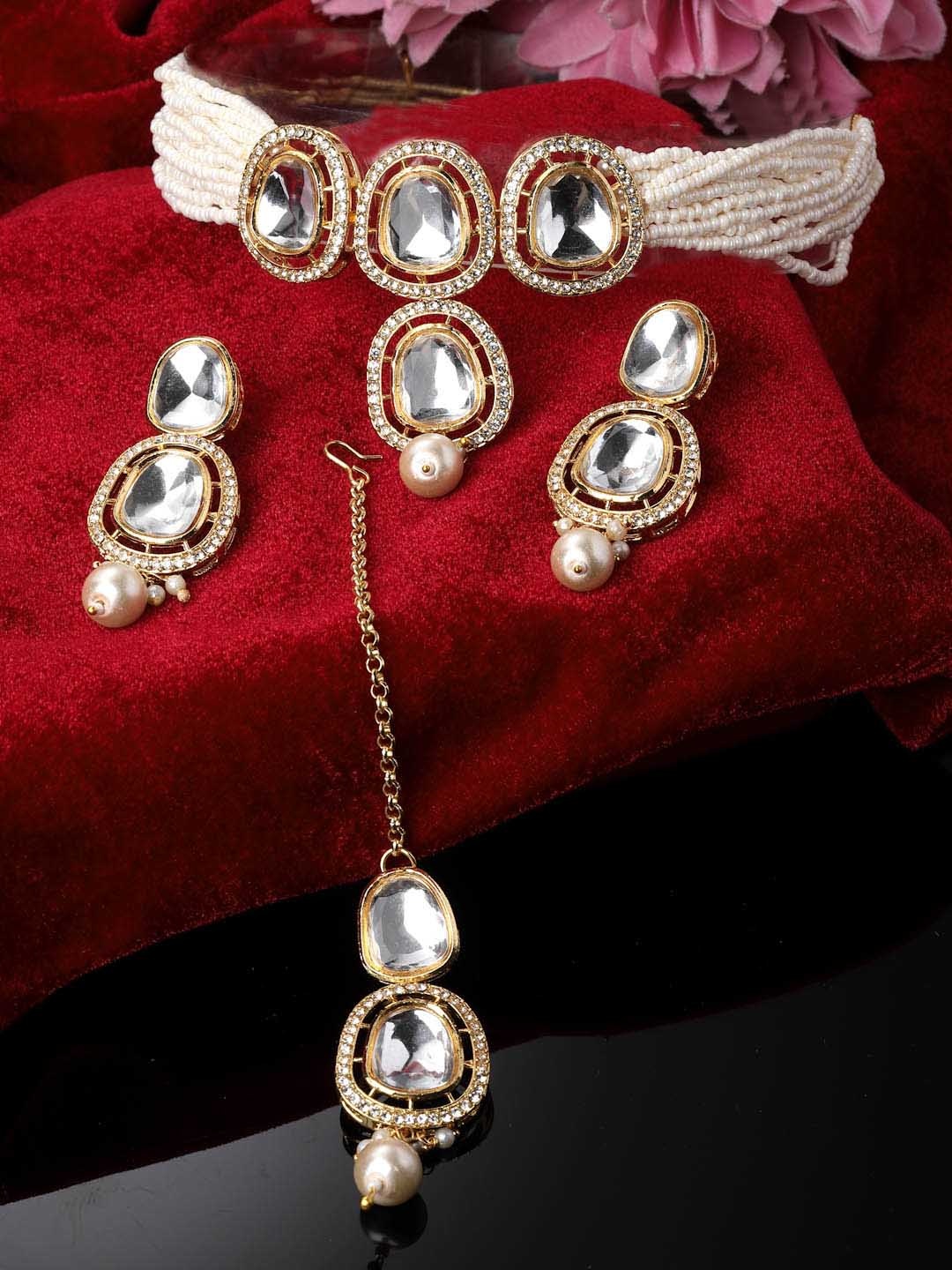 

ADIVA Gold-Plated Kundan Stone Studded & Pearls Beaded Jewellery Set