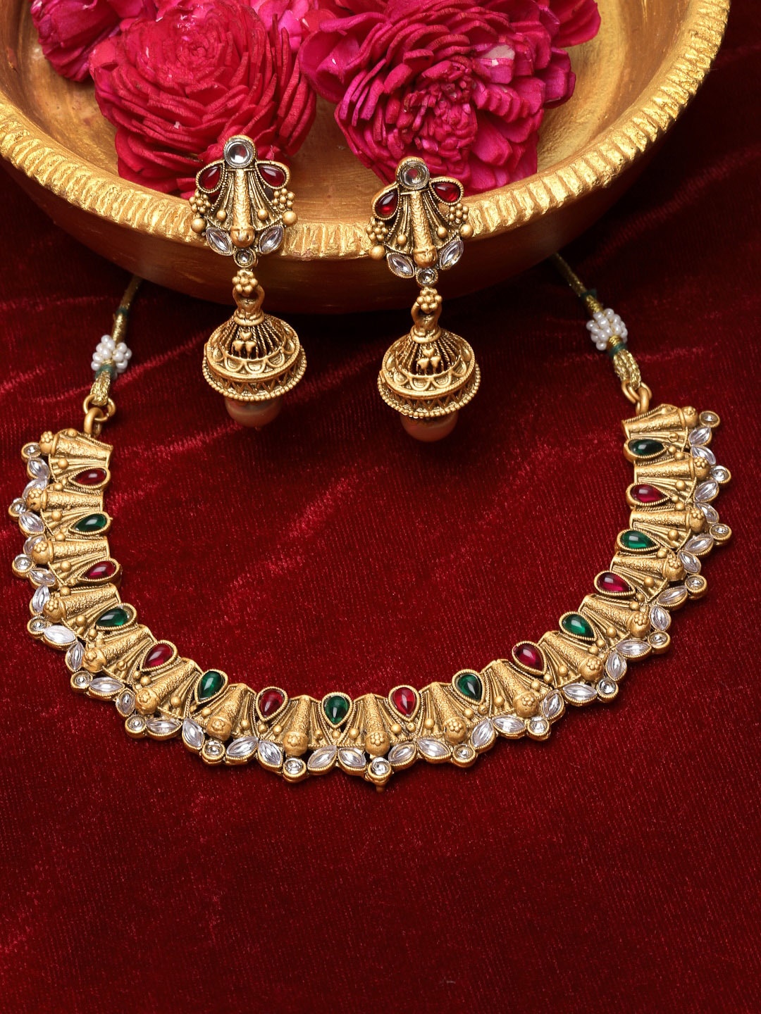 

ADIVA Gold Plated Green and Red Studded Jewellery Set