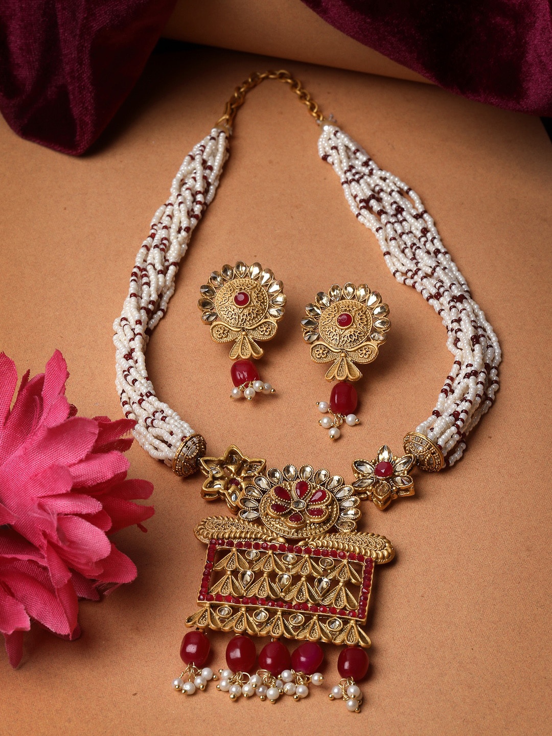 

ADIVA Gold-Plated Stones Studded & Pearls Beaded Jewellery Set