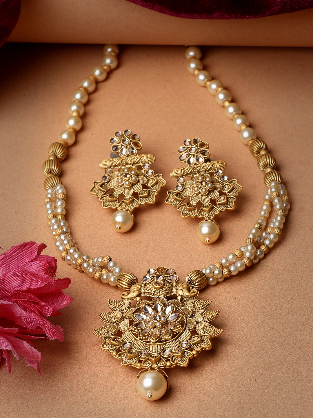 

ADIVA Gold-Plated Stone & Beaded Studded Jewellery Set