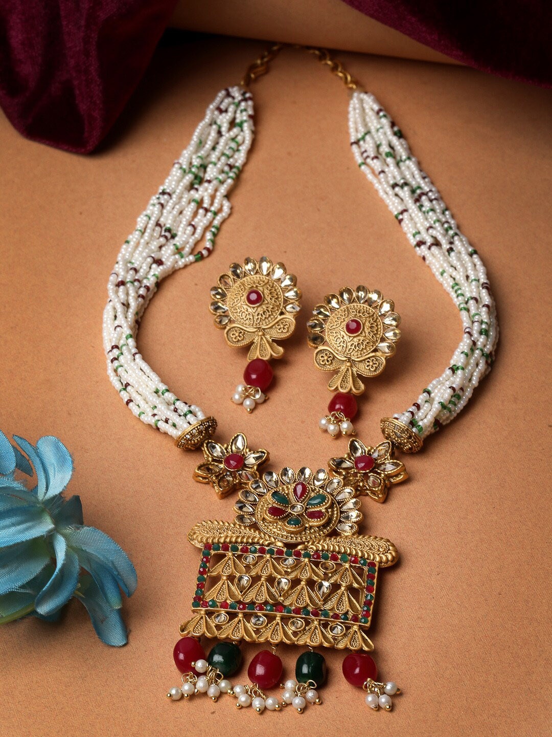 

ADIVA Gold-Plated Stone-Studded & Pearl-Beaded Jewellery Set