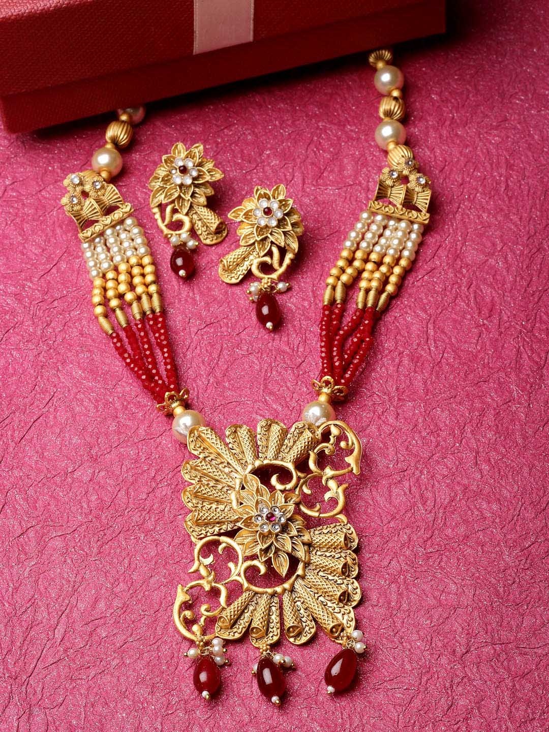 

ADIVA Gold-Plated Stones Studded & Pearls Beaded Jewellery Set