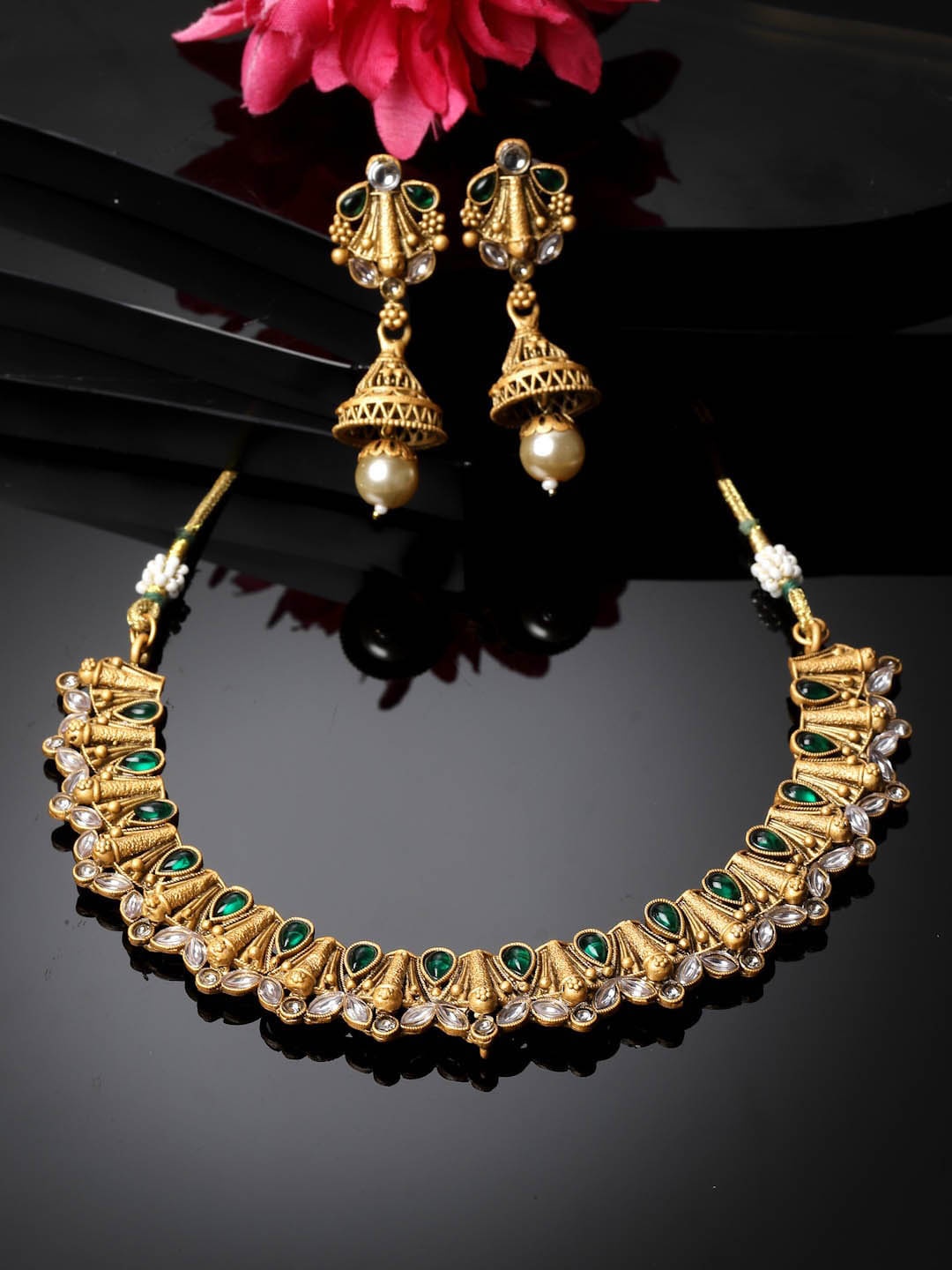 

ADIVA Gold-Plated Kundan-Studded & Beaded Necklace & Earrings