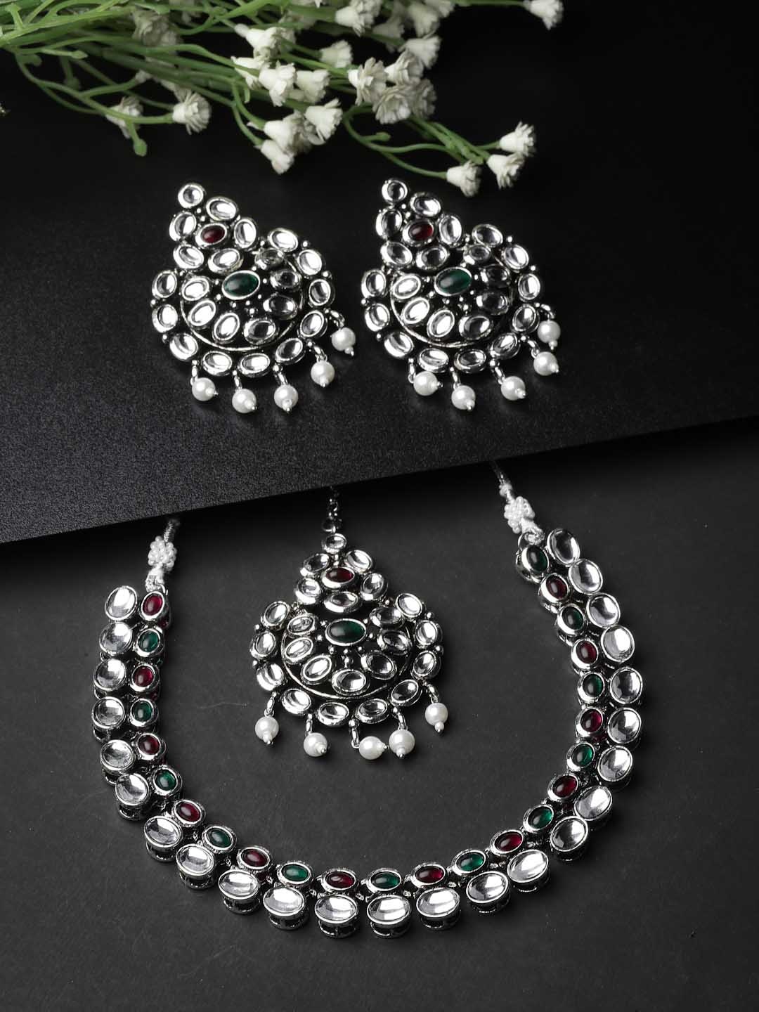 

ADIVA Silver-Plated Kundan Studded Jewellery Set