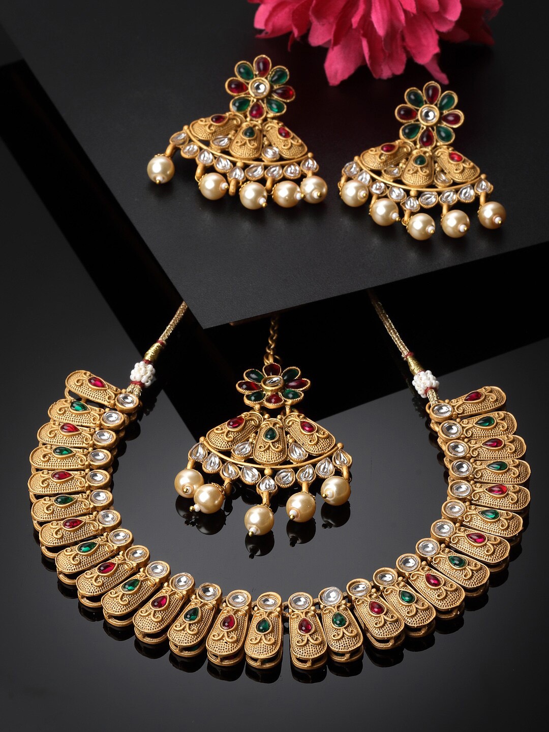 

ADIVA Gold-Plated Kundan Stone Studded Necklace and Earrings With Maang Tika