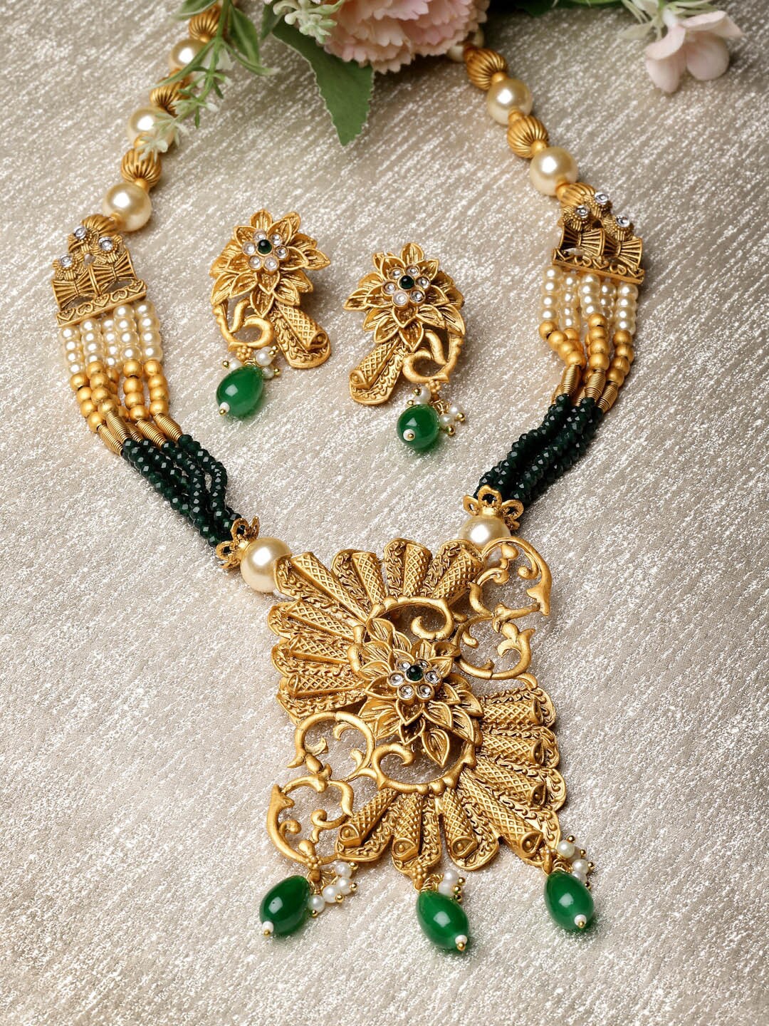 

ADIVA Gold-Plated Stones-Studded & Pearls-Beaded Necklace and Earrings