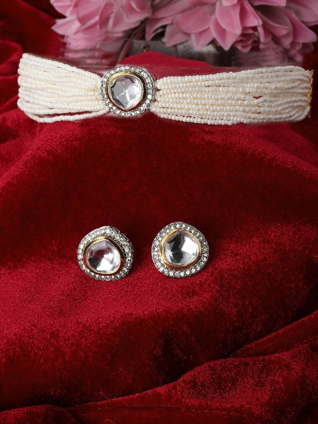 

ADIVA Gold-Plated Kundan Stones Studded & Pearls Beaded Jewellery Set
