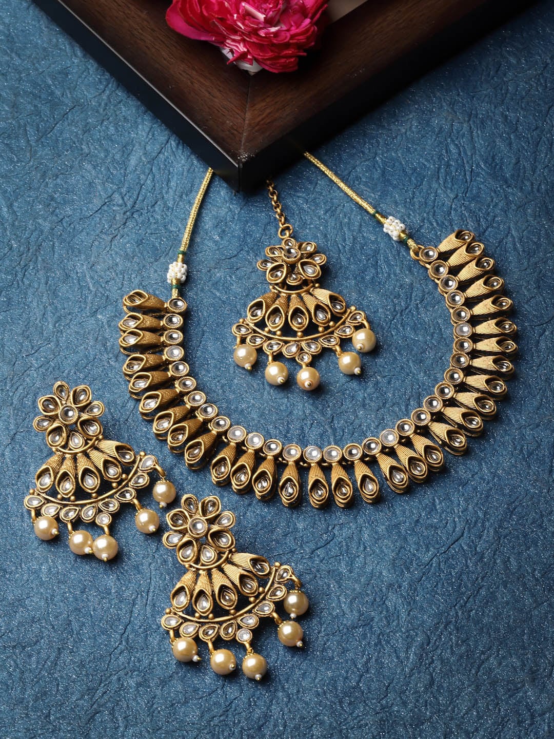 

ADIVA Gold-Plated Artificial Stones Studded Necklace and Earrings With Maang Tika