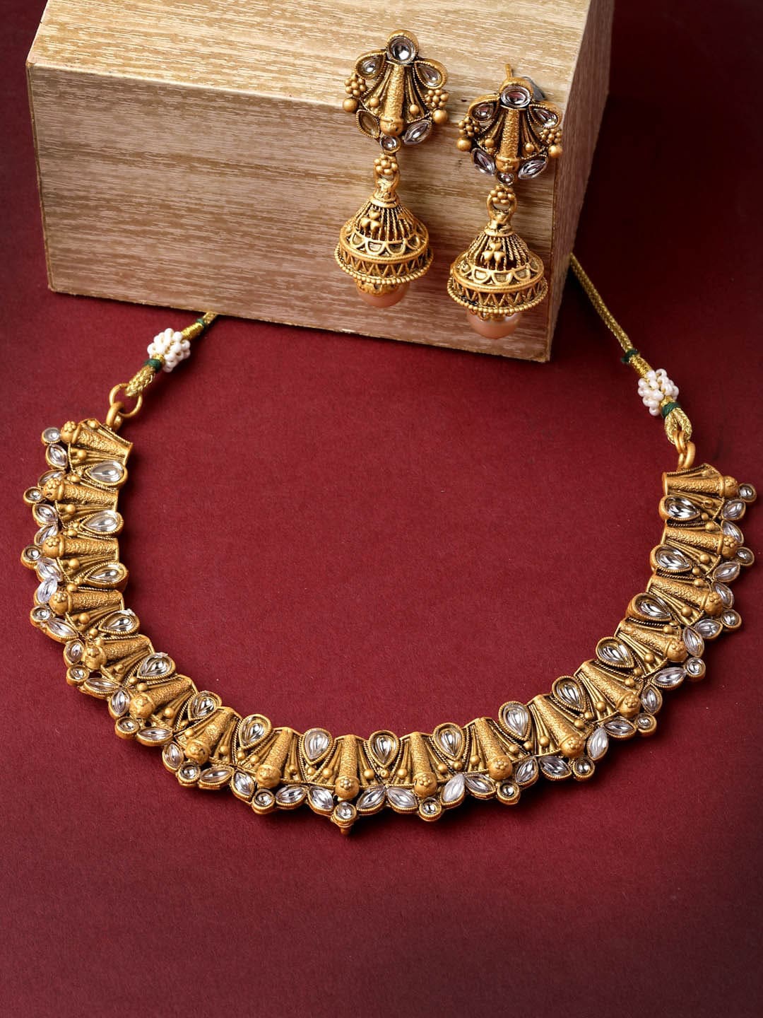 

ADIVA Gold-Plated White Studded Necklace and Earrings With Maang Tika