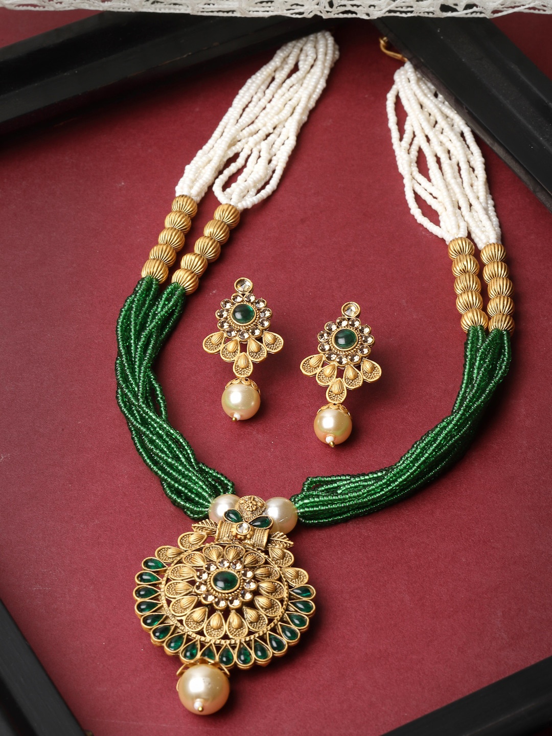 

ADIVA Gold-Plated Stone & Beaded Studded Jewellery Set