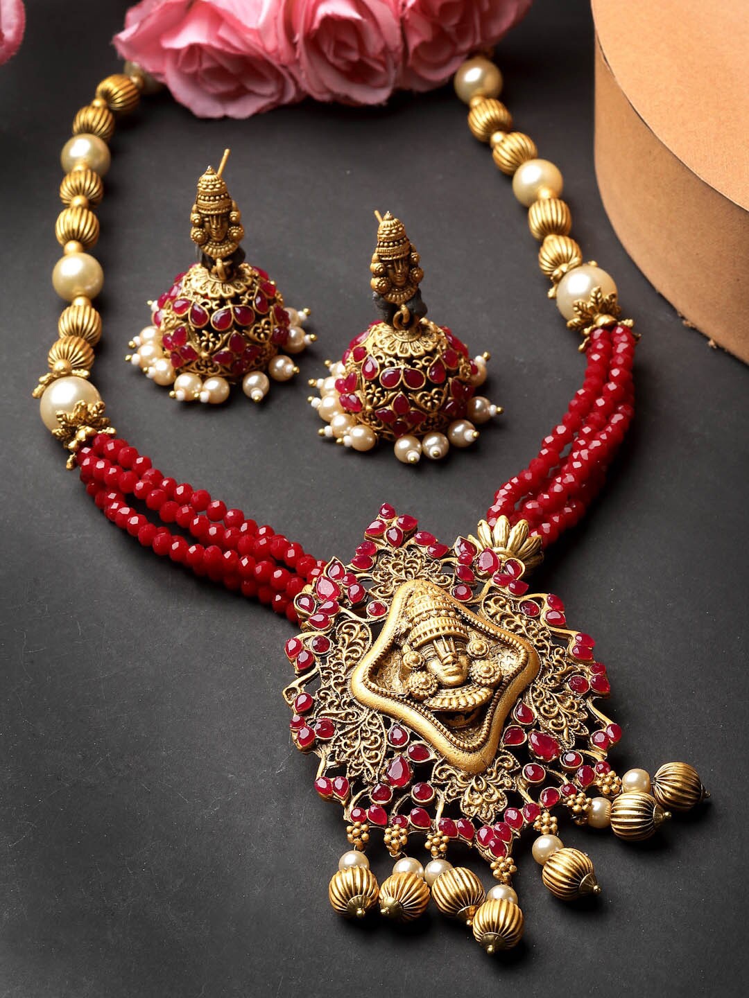 

ADIVA Gold-Plated Stone-Studded & Beaded Jewellery Set