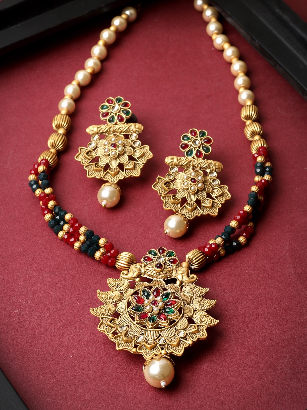 

ADIVA Gold-Plated Stone-Studded & Beaded Jewellery Set