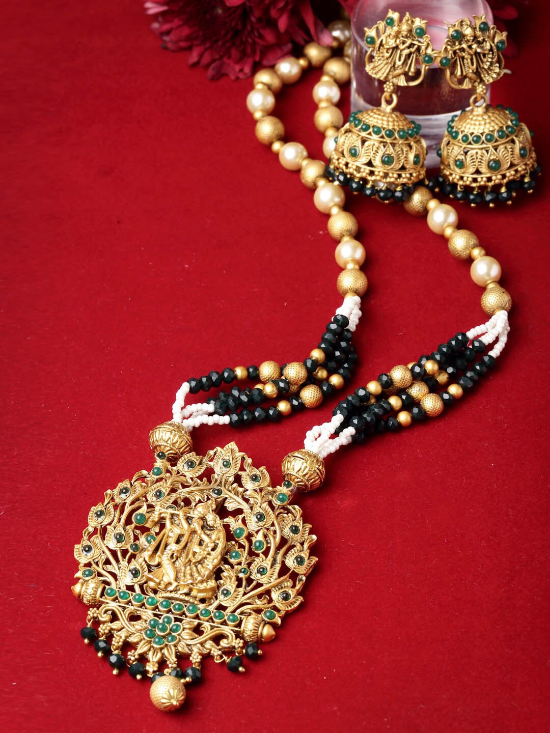 

ADIVA Gold-Plated Stone-Studded & Beaded Temple Jewellery Set