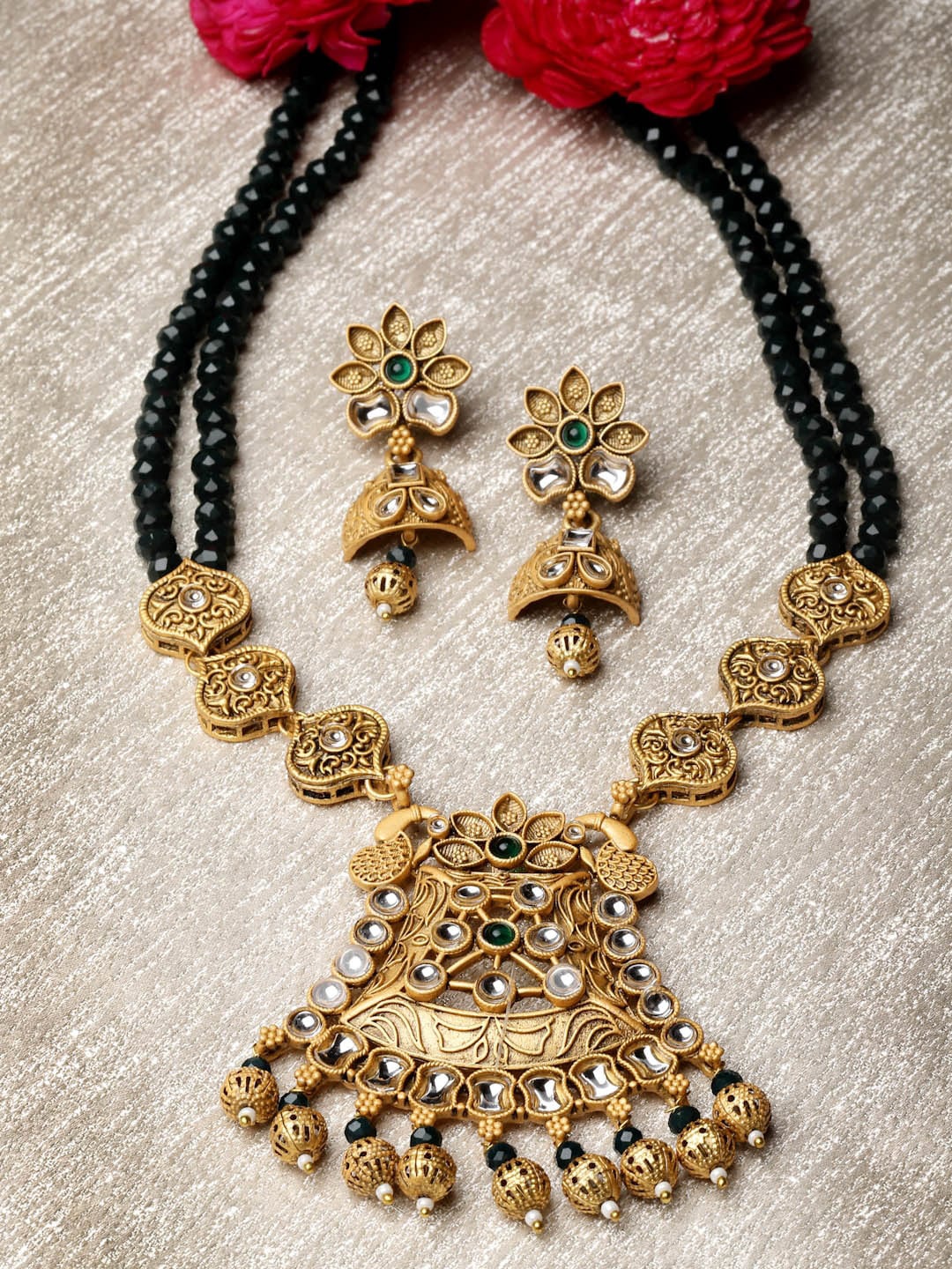 

ADIVA Gold Plated Artificial Stone & beads Studded Jewellery Set