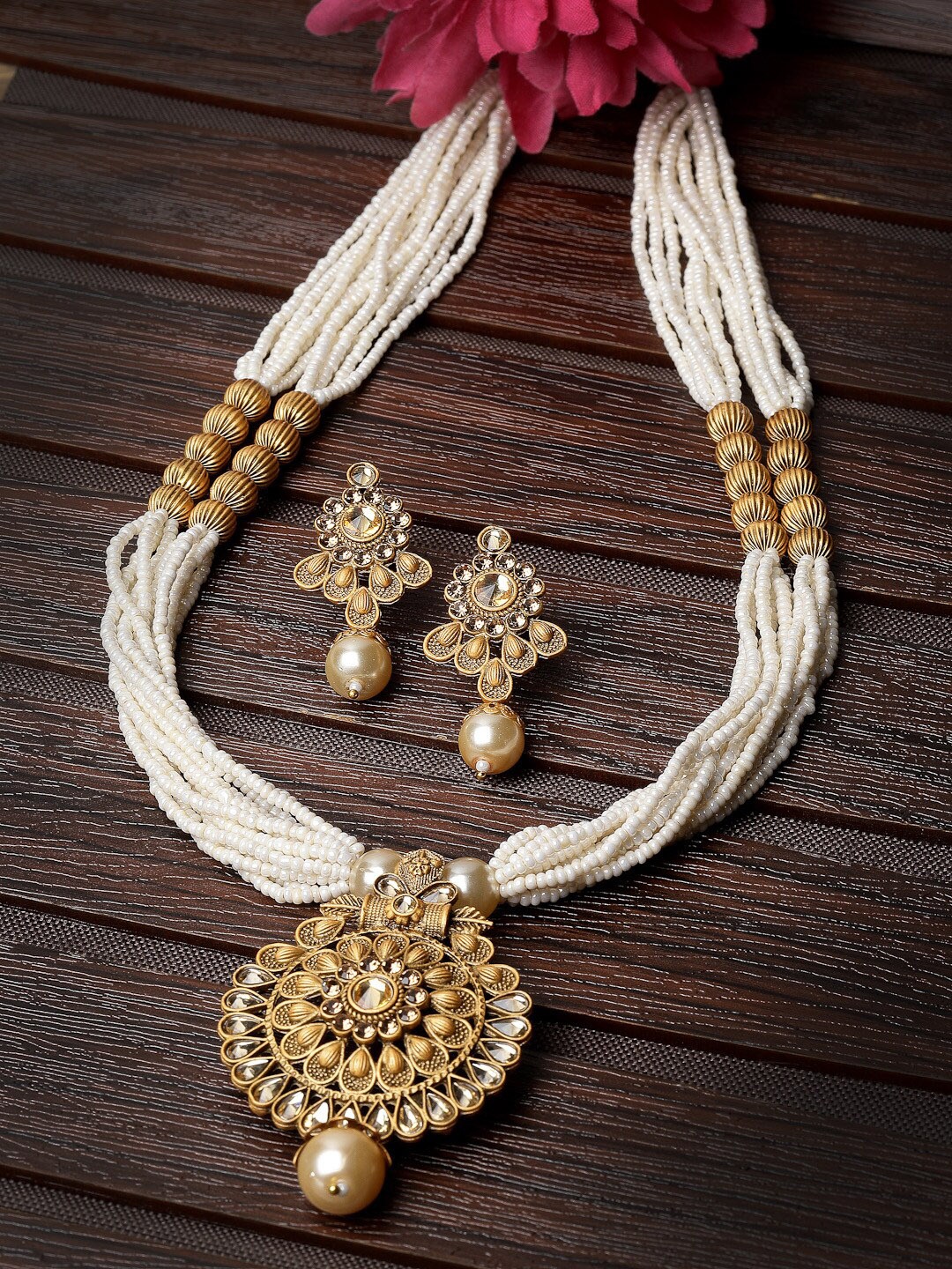 

ADIVA Gold-Plated Artificial Stone & beads Studded Jewellery Set