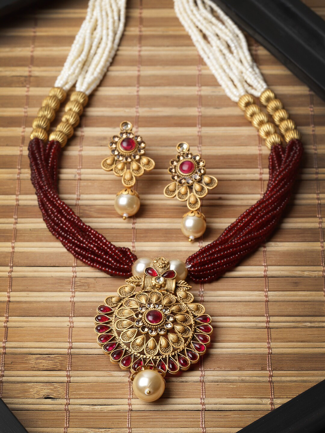 

ADIVA Gold-Plated Stones Studded & Beaded Floral Shape Jewellery Set