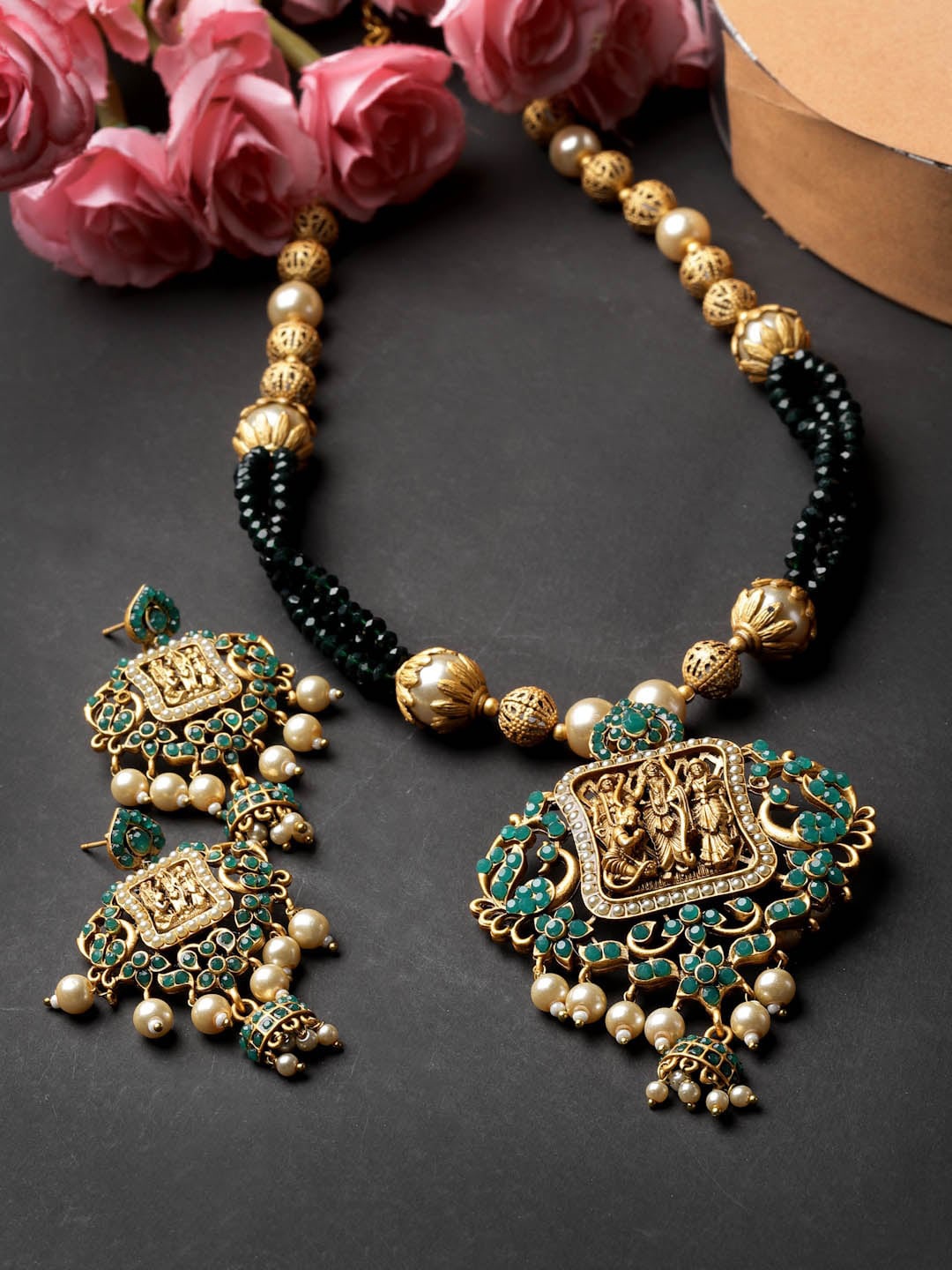 

ADIVA Gold-Plated Artificial Stone & beads Studded Temple Jewellery Set