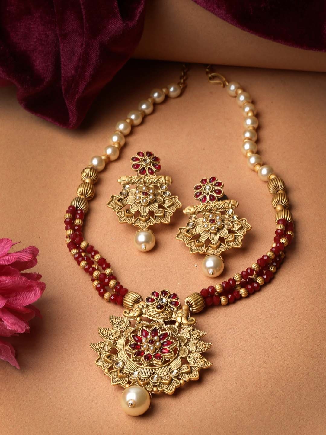 

ADIVA Gold Plated Red Stone Studded Jewellery Set