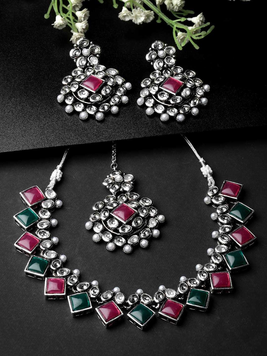

ADIVA Silver-Plated Kundan Stones Studded & Pearls Beaded Jewellery Set