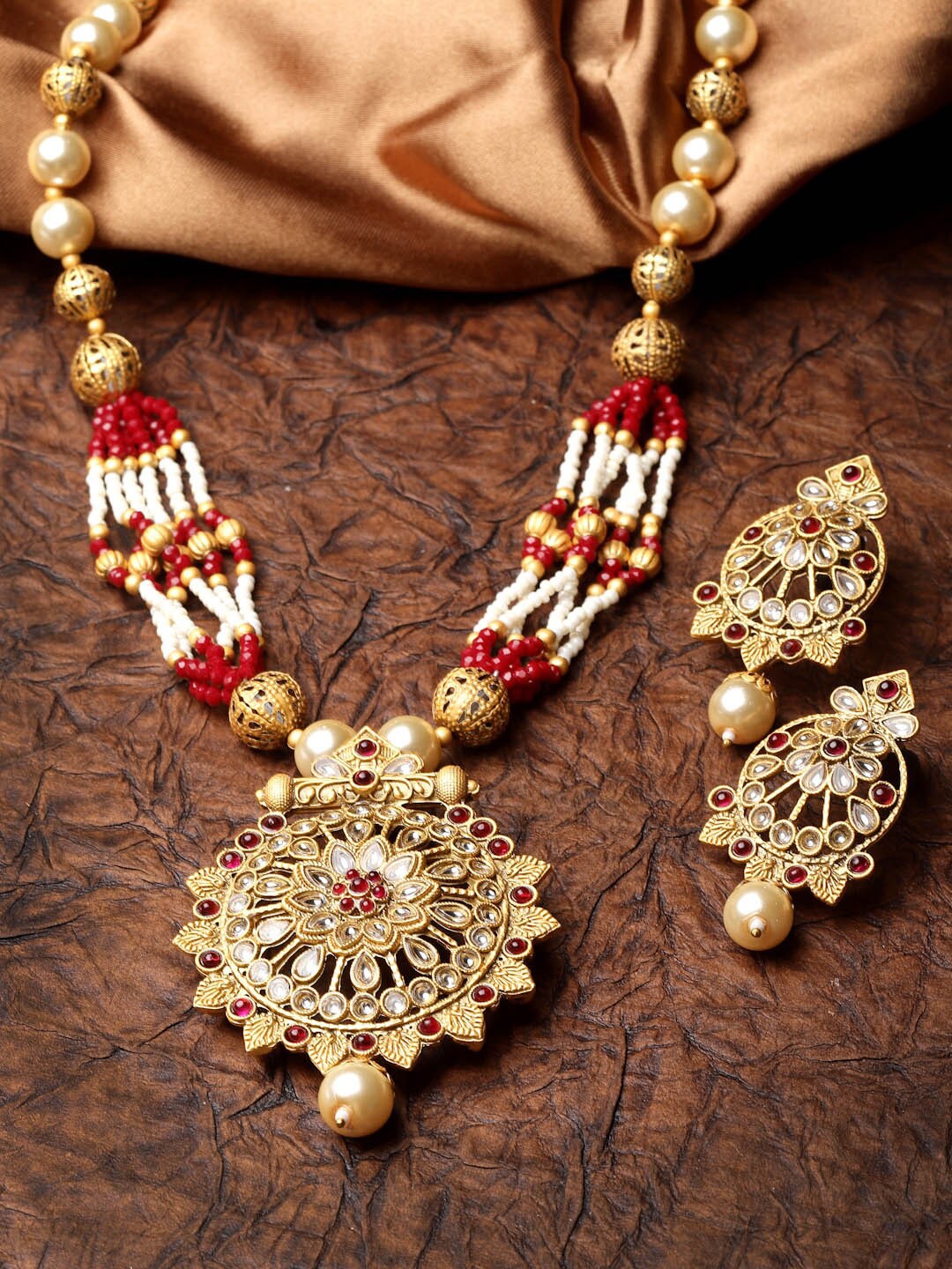 

ADIVA Gold-Plated Stone-Studded & Beaded Jewellery Set