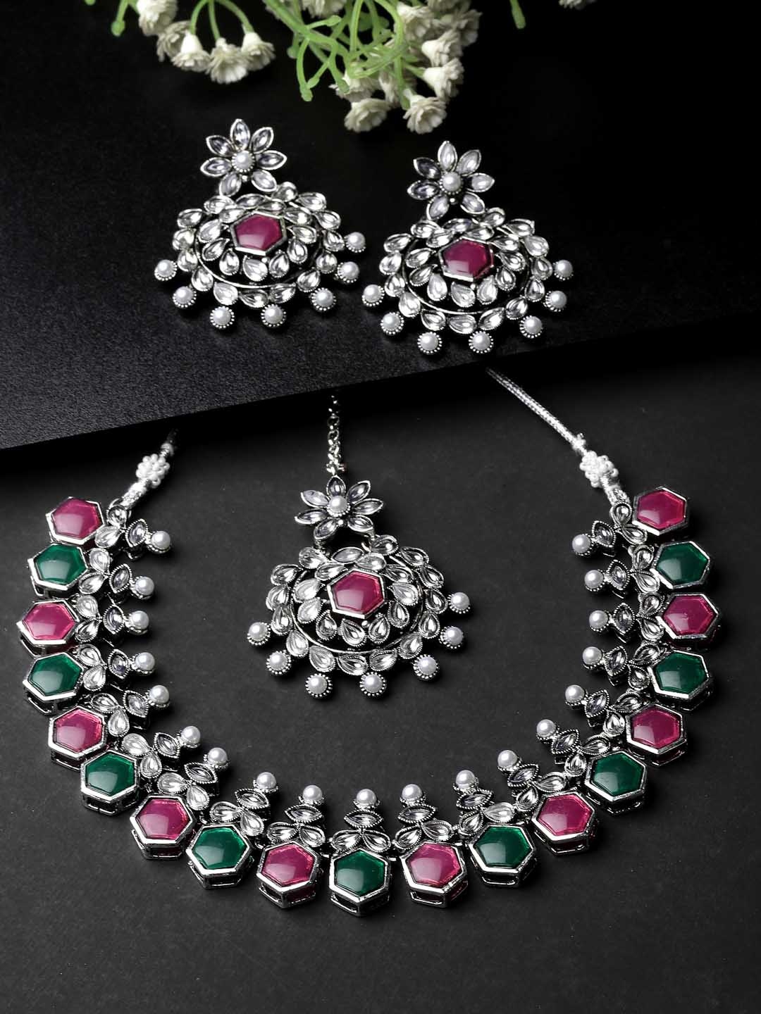 

ADIVA Silver-Plated Kundan Stone-Studded & Beaded Jewellery Set