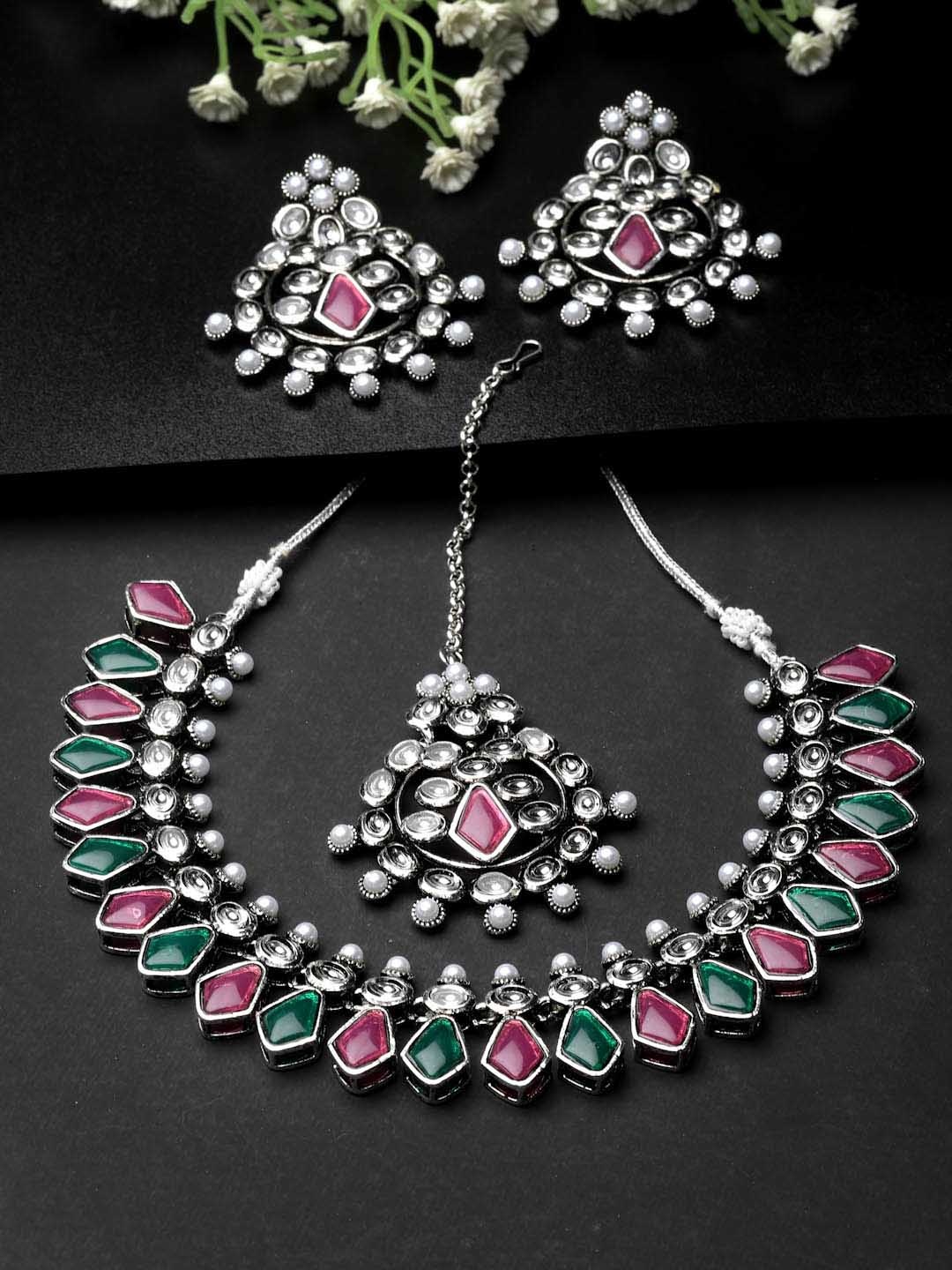 

ADIVA Silver-Plated Kundan-Studded & Pearl-Beaded Oxidized Jewellery Set
