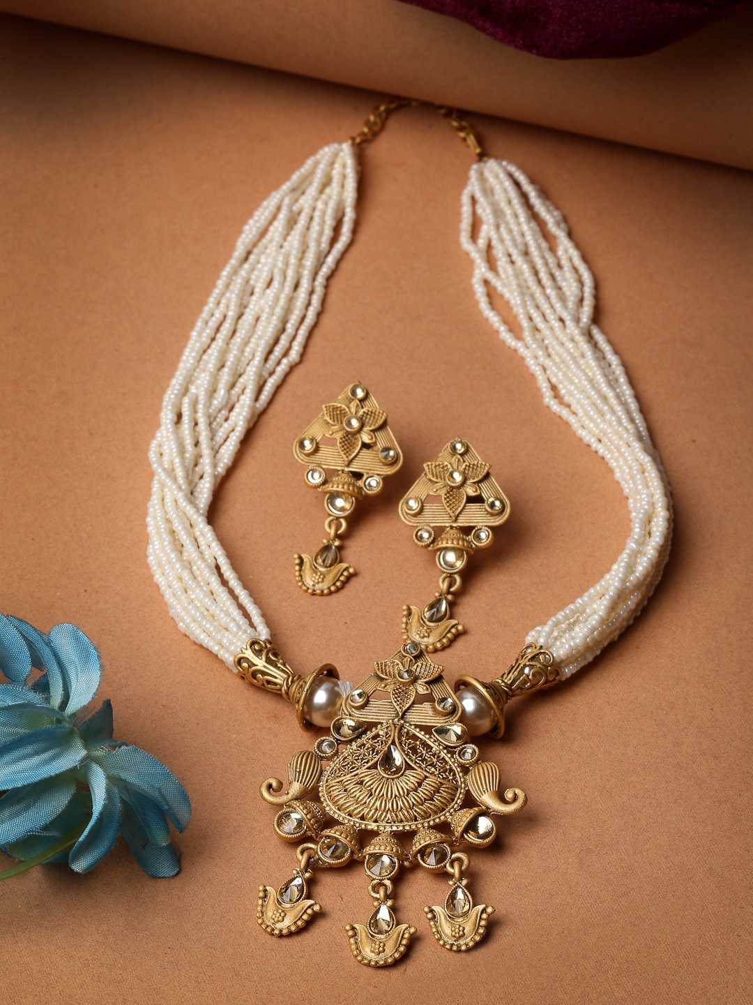 

ADIVA Gold Plated Stones-Studded & Pearls Beaded Jewellery Set